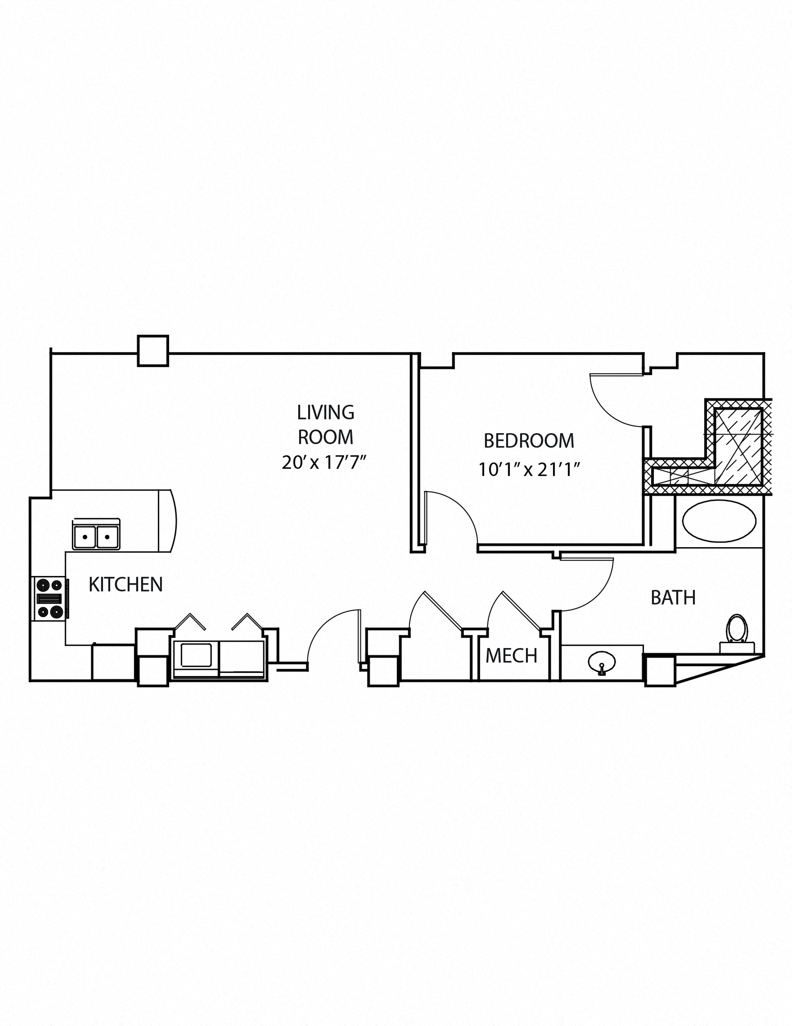 Floor plan for 1 bed, 1 bath, 755 sqft